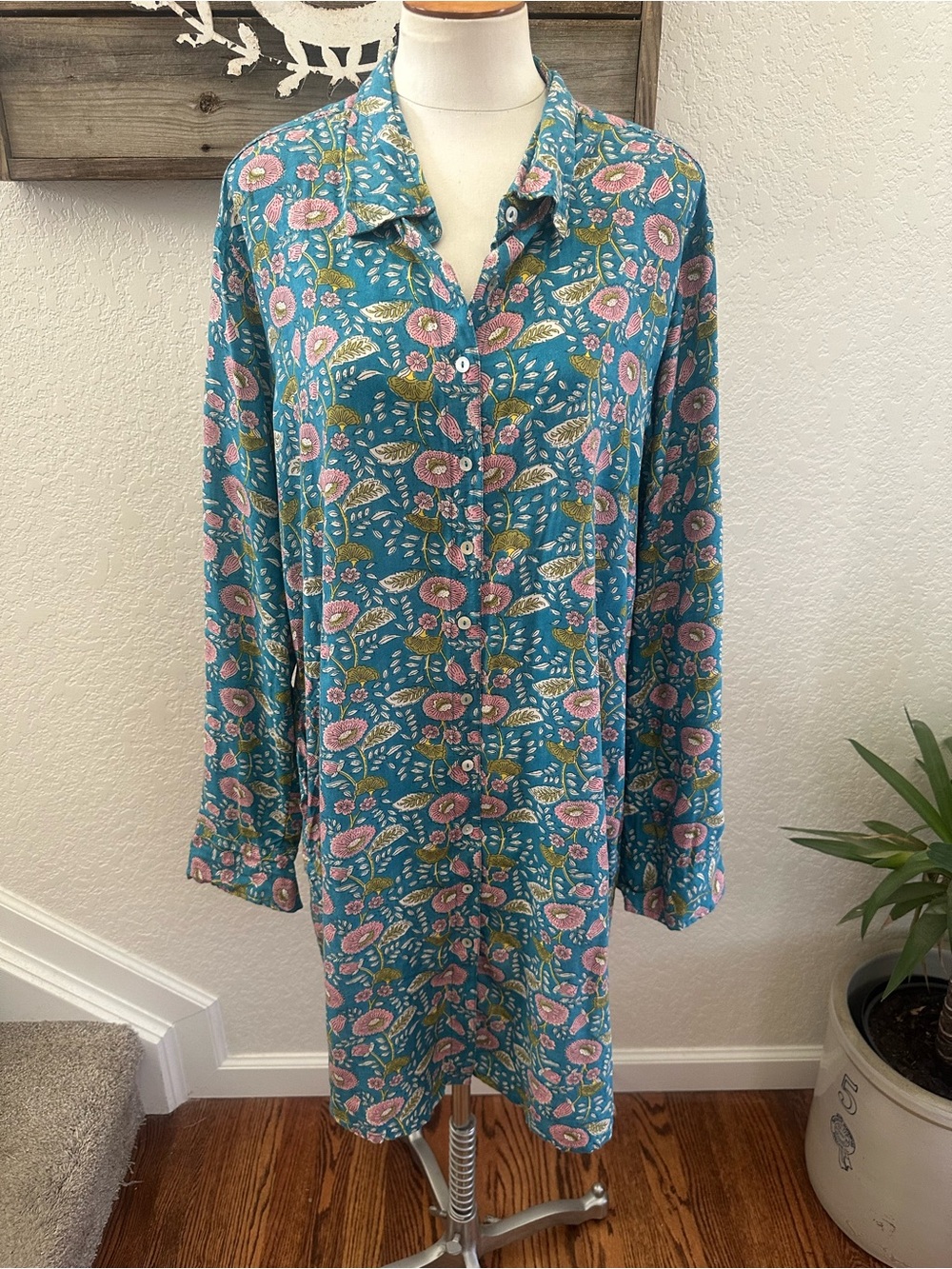 Natural Life Georgia Shirt Dress - Blue Pink Floral Vines size XL